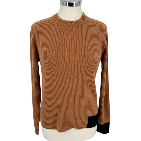 Elie Tahari 100% Cashmere Ribbed Crewneck Sweater Camel Brown Black Size Large - Picture 1 of 13